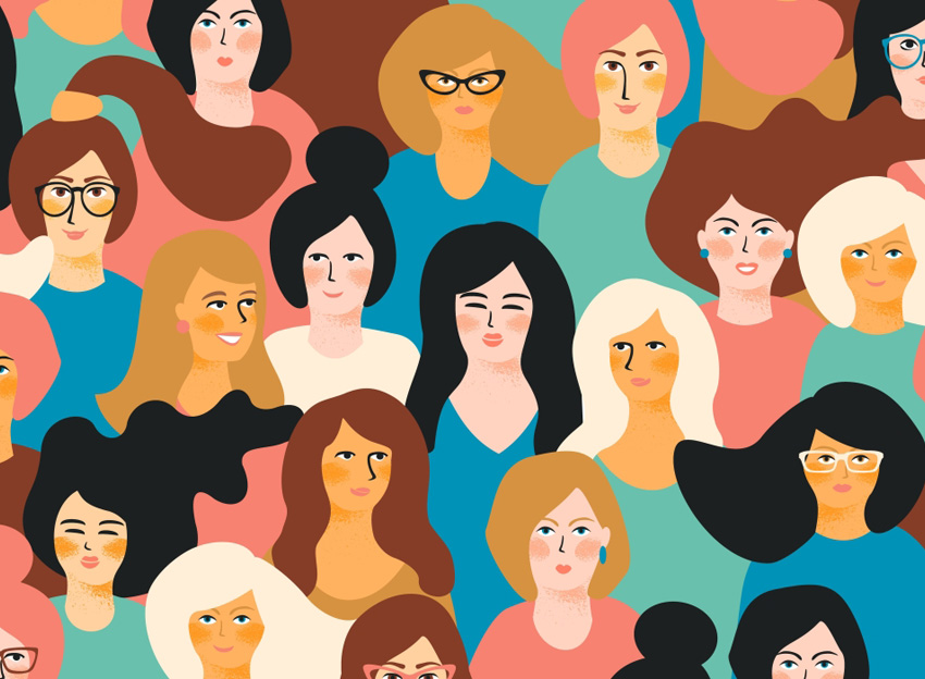 International Womens Day. Vector seamless pattern with women faces.